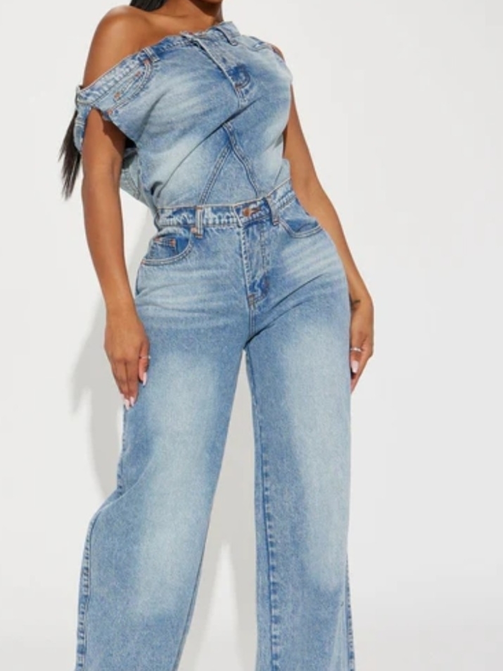 Fashion Nova Light Wash Denim Off-Shoulder Wide Leg Jumpsuit